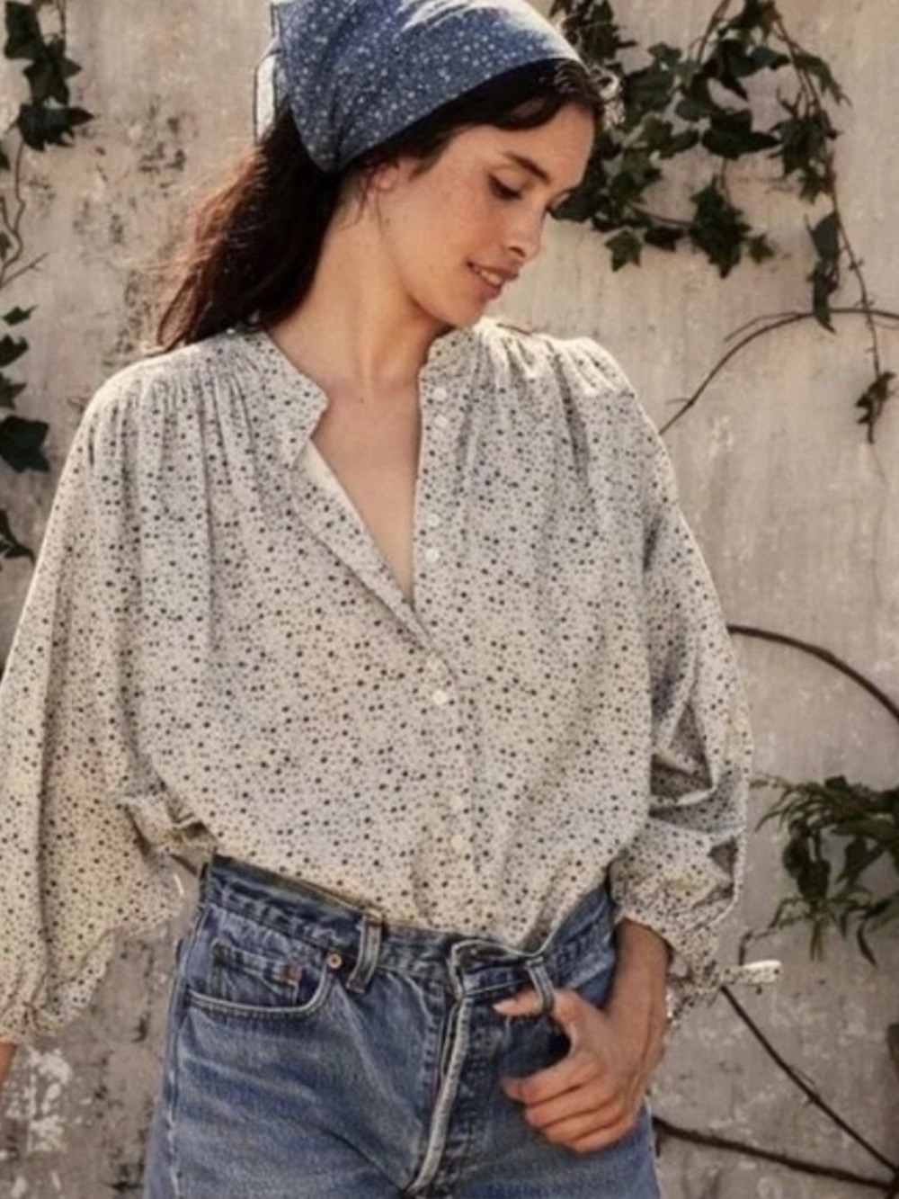 DÔEN O’Keefe California Wildflower Corduroy Blouse Blue White Cotton Boho Size S